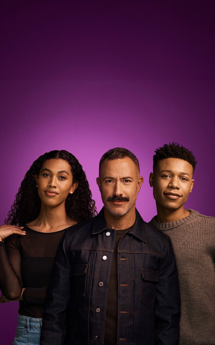 Banner image of a Black woman, a White man, and a Black man on a purple background.