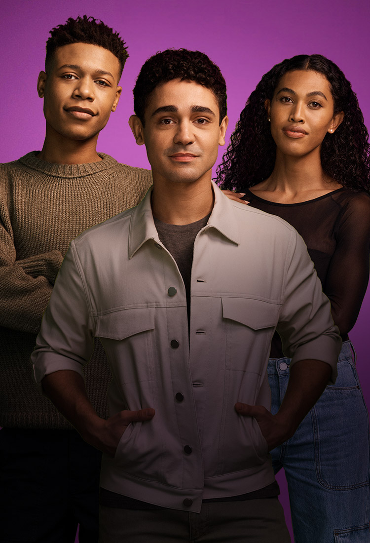 Photo portrait of three young people, on a purple background, featuring a Black man on the left, Black woman on the right, and a Latino man in the middle