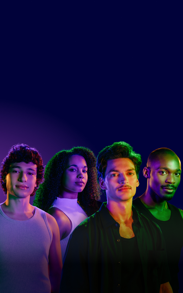Banner image of four individuals on a gradient purple background. Not actual patients.