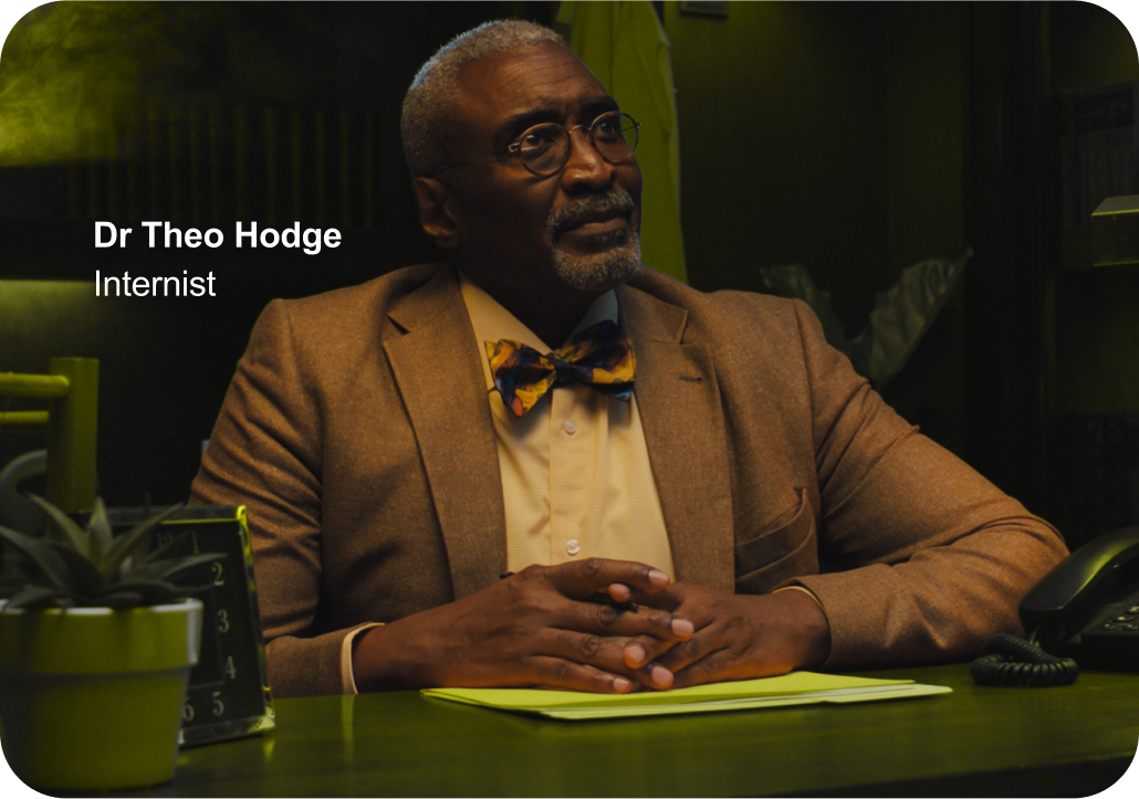 Video still of Dr Hodge, an African American male physician