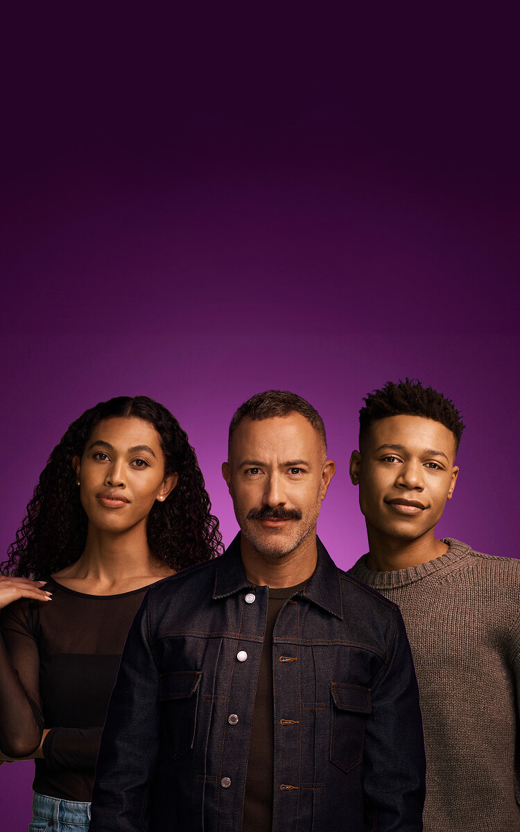 Banner image of a Black woman, a Black man, and a Caucasian man on a purple background.