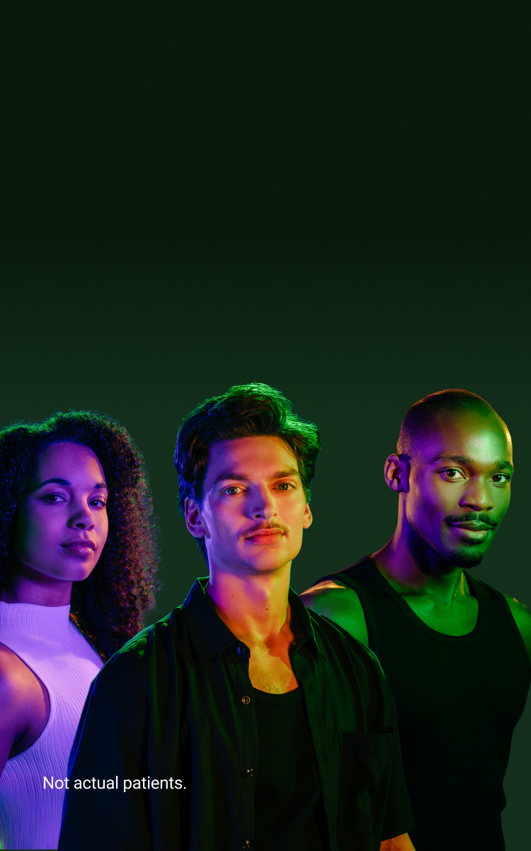 Banner image of a Black woman, a Black man, and a Caucasian man on a gradient green background. Not actual patients.
