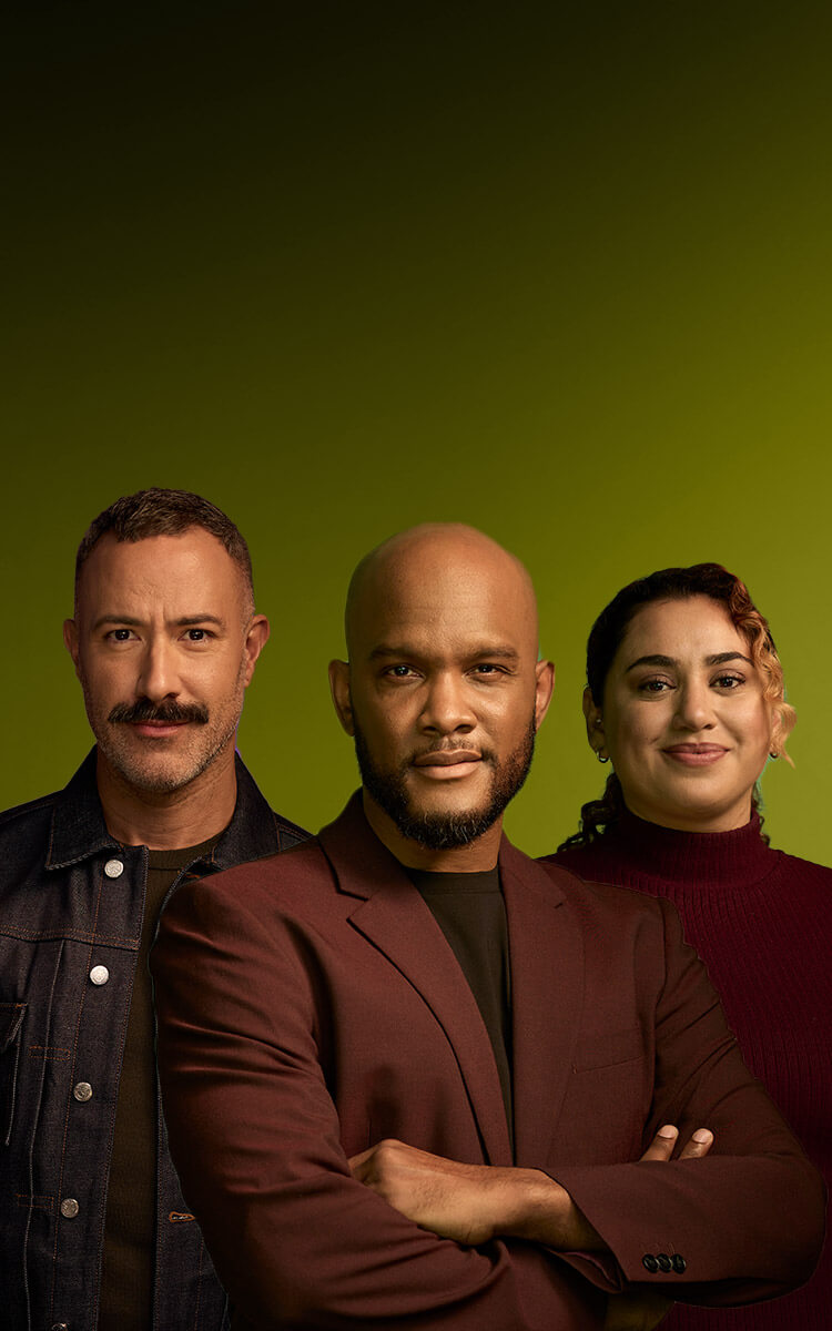 Banner image of a Caucasian man, a Black man, and a Latina woman on a green background.