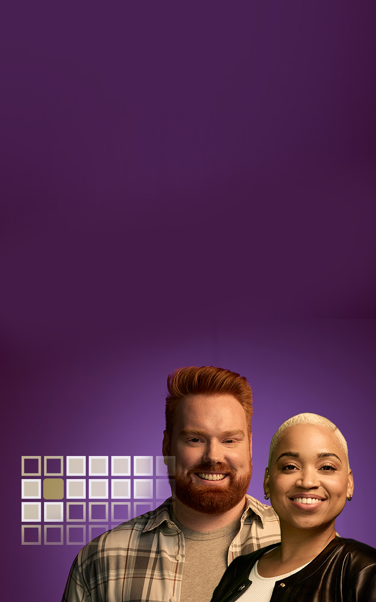 Portrait of a Caucasian man and a Black woman with blonde hair on a purple background