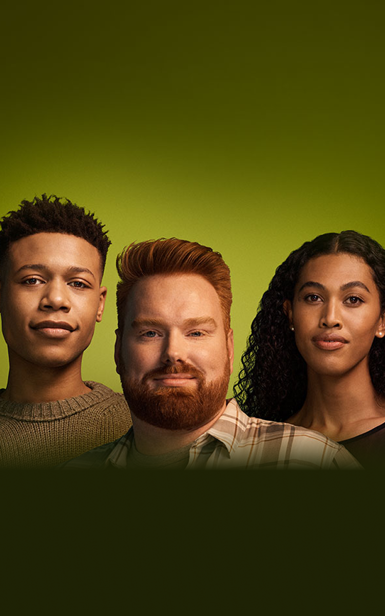 Portrait of three people on a green background