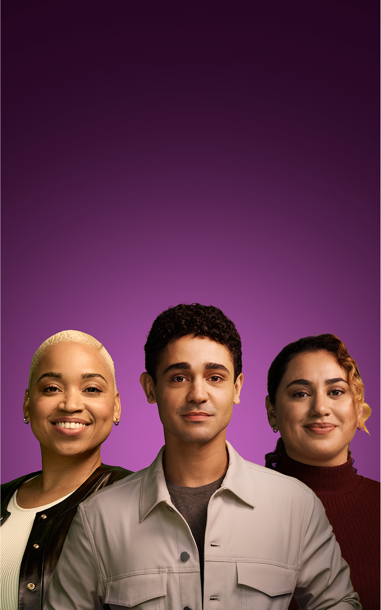 Portrait of three people on a purple background