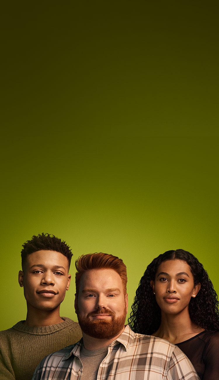 Portrait of three people on a green background