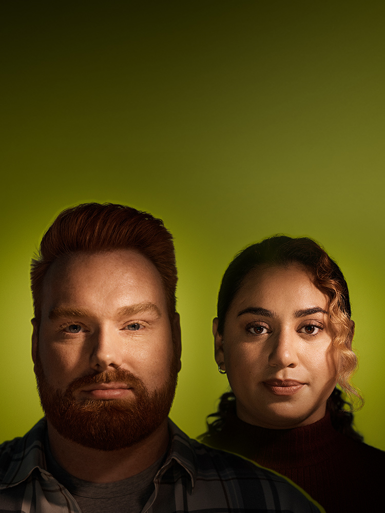 Banner image of a Caucasian man and a Latina woman on a green background.