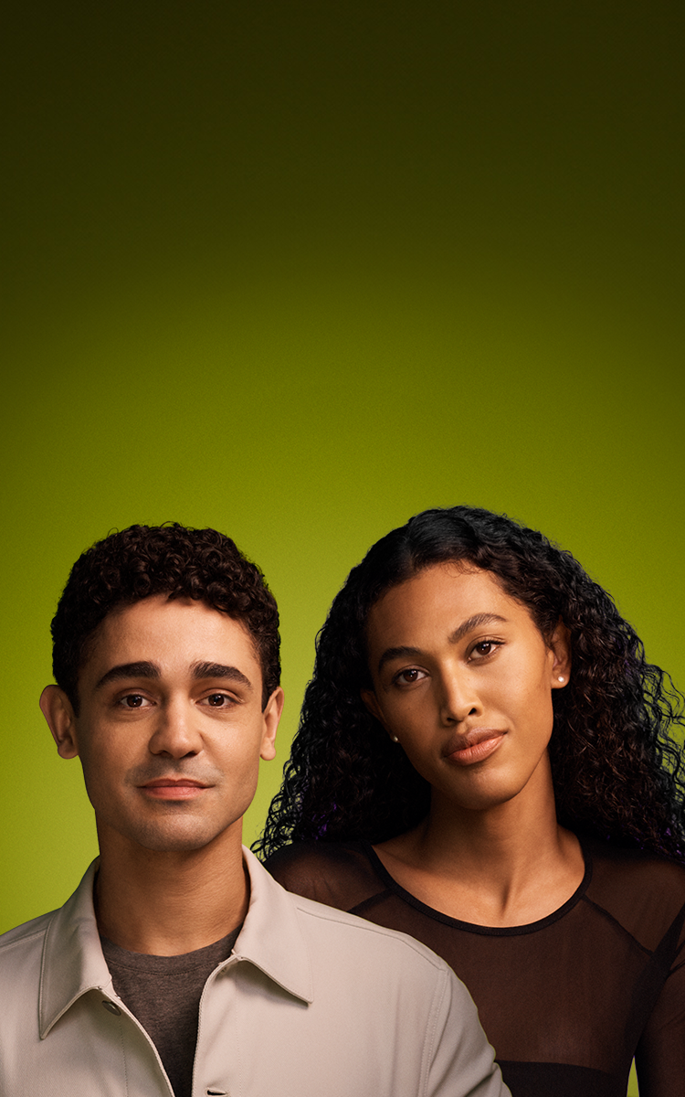 Banner image of two young people on a green background, featuring a Latino man on the left, and a Black woman on the right.